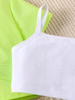 Girls' fashionable 3-piece set with lapel and fluorescent color: camisole + lapel top + short skirt - Image 3
