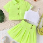 Girls' fashionable 3-piece set with lapel and fluorescent color: camisole + lapel top + short skirt