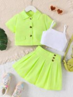 Girls' fashionable 3-piece set with lapel and fluorescent color: camisole + lapel top + short skirt