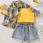 Cross-border exclusive three-piece set including a plaid collared shirt, a camisole vest, and heavy-duty washed denim jeans with fringed edges