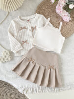 Cross-border Korean-style girls' and babies' school style bow tie cardigan with pure color camisole + A-line pleated skirt three-piece set