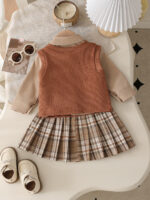 Autumn new style baby girls' school style shirt, knitted vest, checkered pleated skirt three-piece set - Image 2
