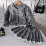 New spring and summer cross-border girls' lace floral ruffle collar vest + pleated A-line skirt two-piece set