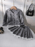 New spring and summer cross-border girls' lace floral ruffle collar vest + pleated A-line skirt two-piece set