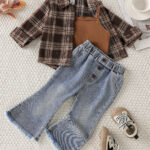 Cross-border fashionable Merad checkered shirt, micro-flare jeans, and camisole three-piece set