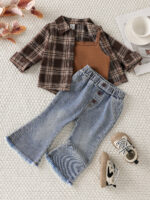 Cross-border fashionable Merad checkered shirt, micro-flare jeans, and camisole three-piece set