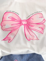 New cross-border girls' round-neck printed knitted top with bow embroidery and denim pants two-piece set - Image 3