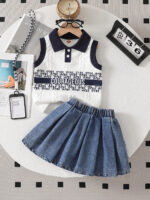 New cross-border girls' two-piece set featuring a textured knitted top and an umbrella-style denim skirt pants for spring and summer