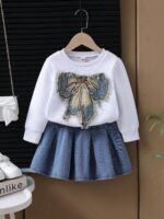 Cross-border new product: two-piece set for girls, including a spring and autumn denim bow tie sweater and a heavy-duty washed denim skirt