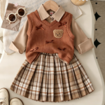 Autumn new style baby girls' school style shirt, knitted vest, checkered pleated skirt three-piece set