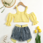 Summer new style ins cross-border e-commerce foreign trade two-piece set for sweet girls, featuring a camisole with off-shoulder and puffed sleeves